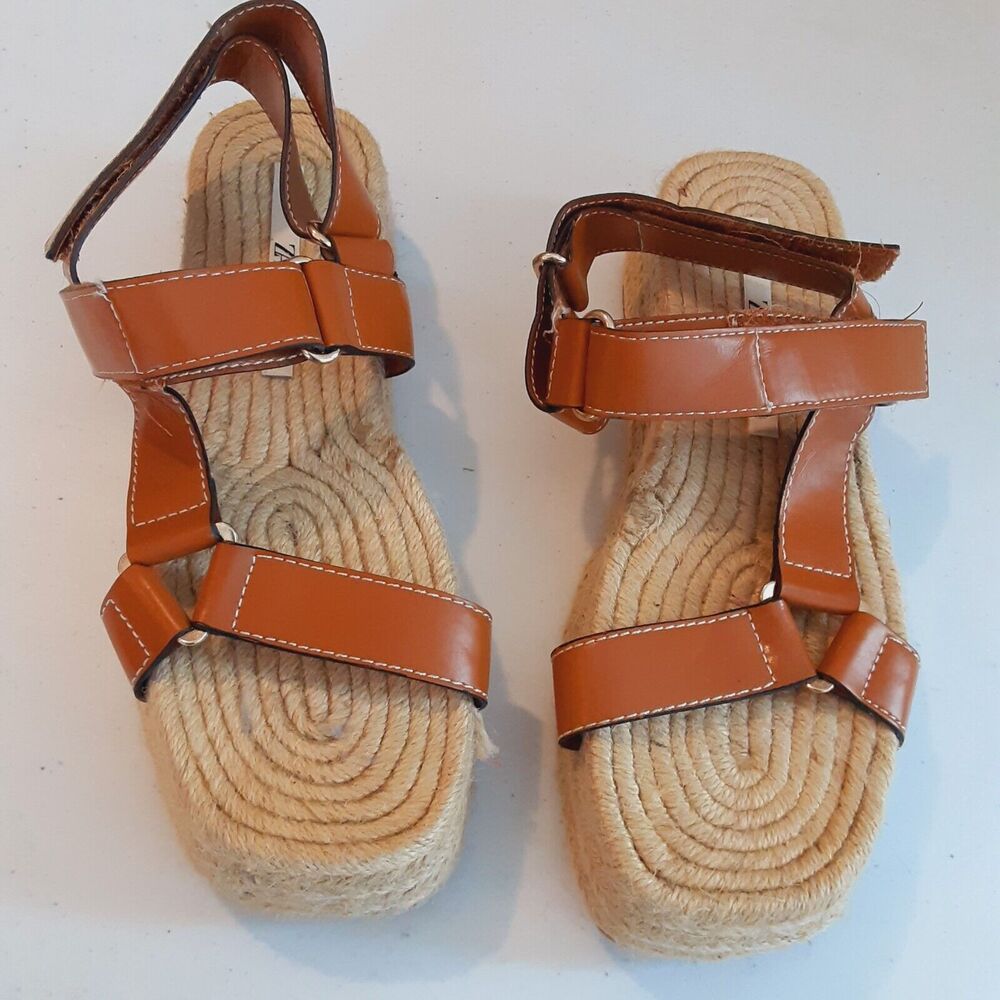 Zara Womens Size 37 (6.5 US) Platform Sandals Hook & Loop Jute Faux Leather